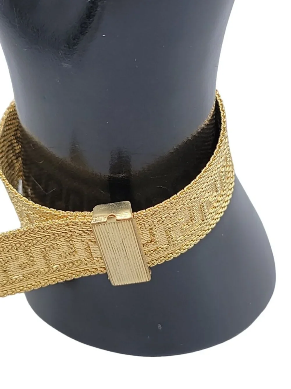 Art Deco Byzantine Greek Key Tassel Gold Tone Mesh Slide Bracelet - Picture 6 of 16
